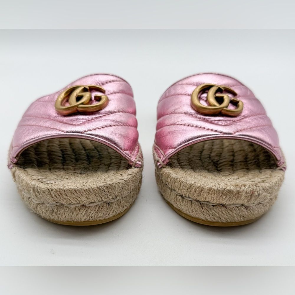Gucci Pilar GG Marmont Metallic Rosa Leather Espadrille Slide Sandals EU 37 US 7 - Picture 8 of 12